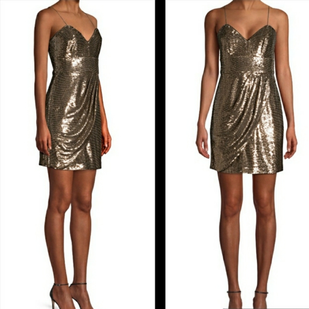 PARKER BLACK Guayana Sequin Sleeveless Mini Dress With Side Drape In Bronze. NWT